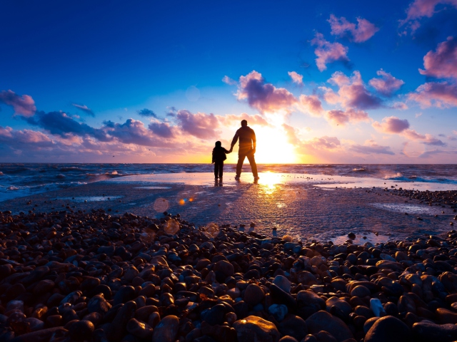 Father And Son On Beach At Sunset wallpaper 640x480