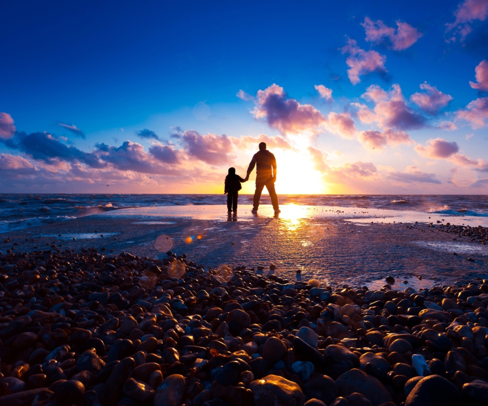Father And Son On Beach At Sunset screenshot #1 960x800