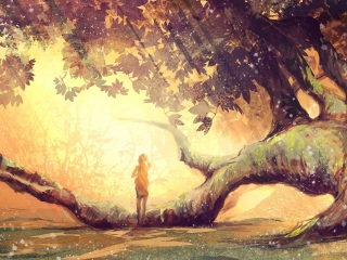 Das Girl And Fantasy Tree Wallpaper 320x240