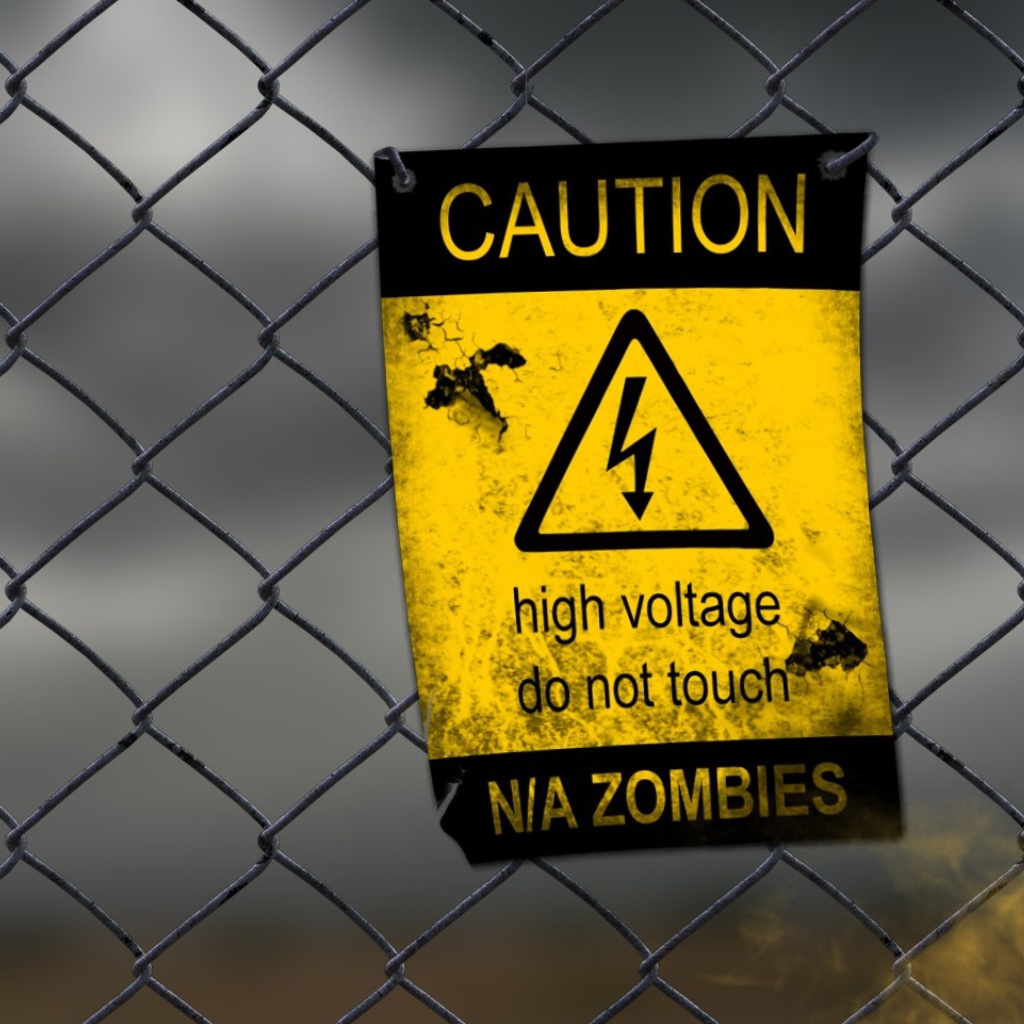 Fondo de pantalla Caution Zombies, High voltage do not touch 1024x1024
