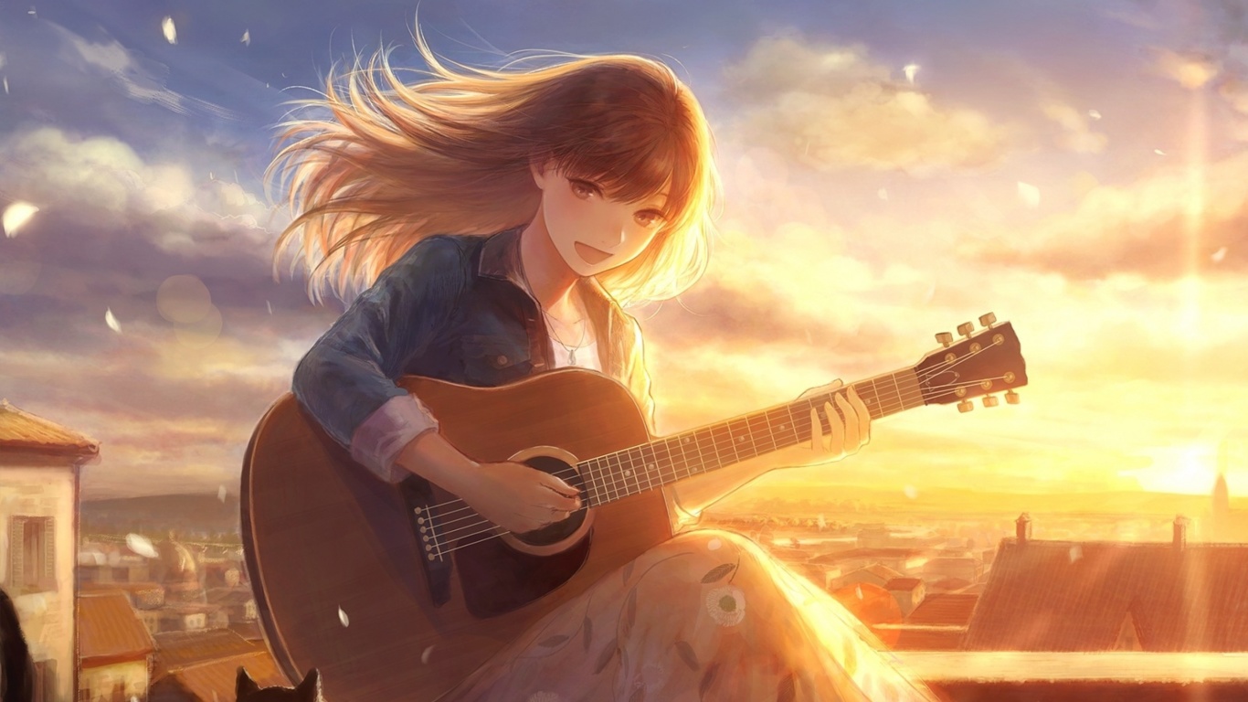 Обои Anime Girl with Guitar 1366x768