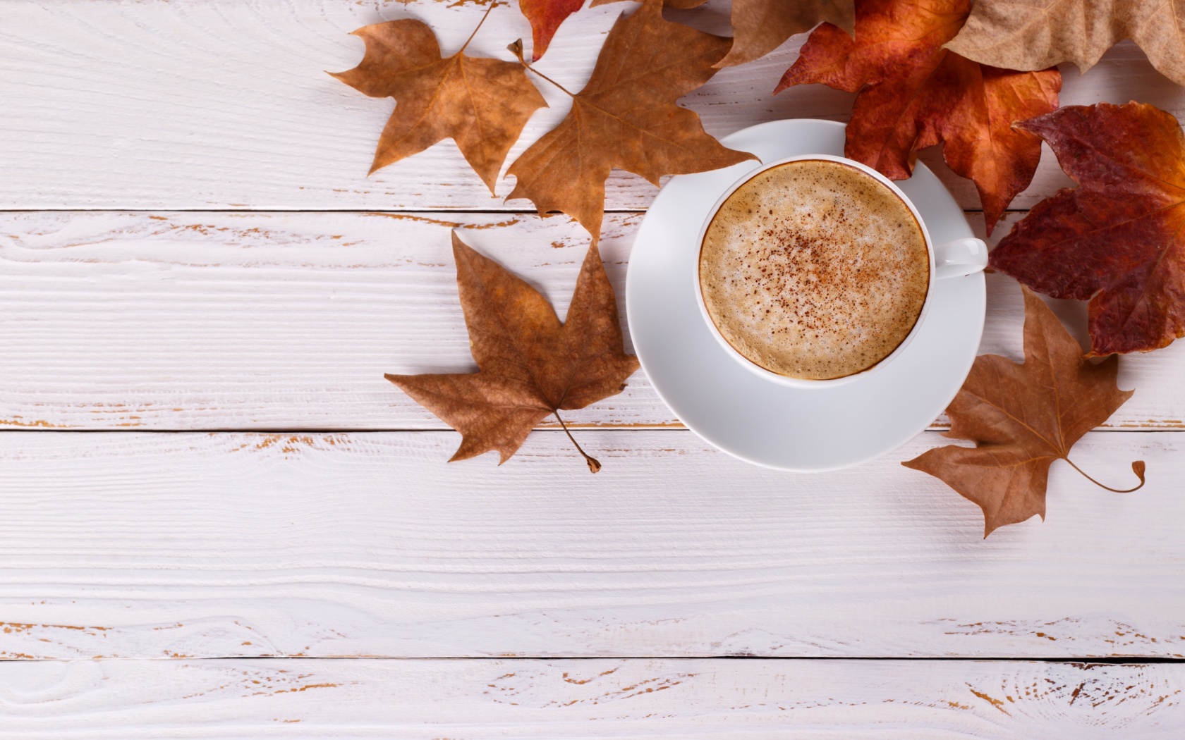 Обои Cozy autumn morning with a cup of hot coffee 1680x1050