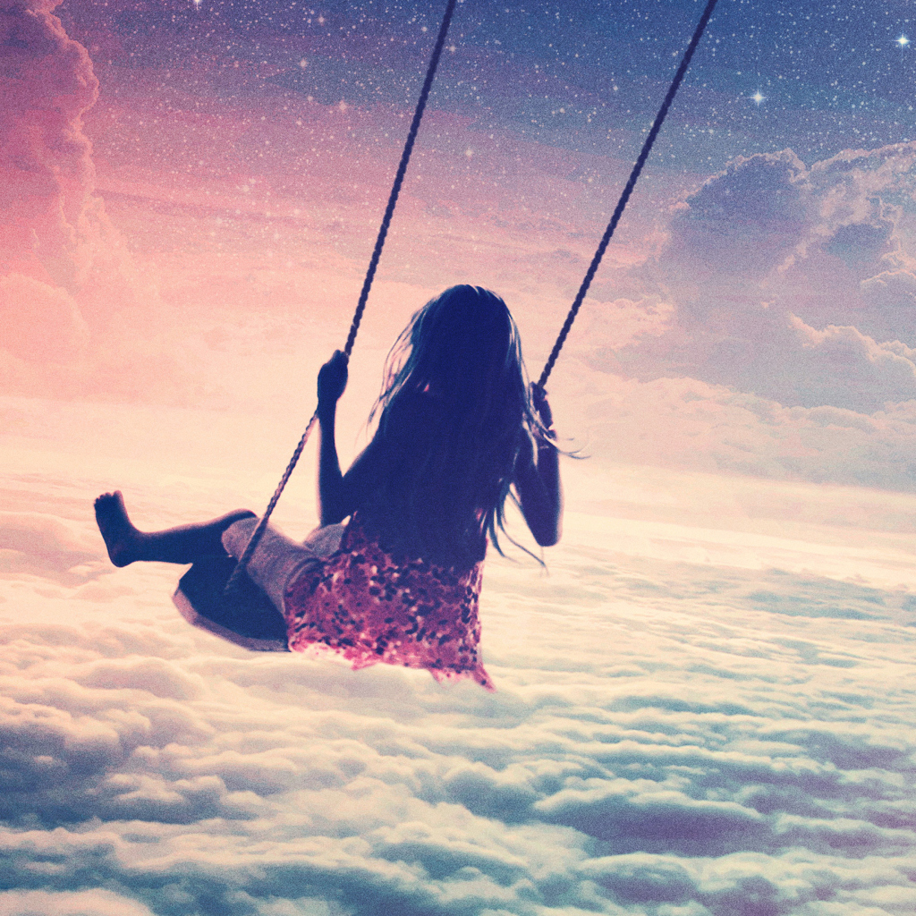 Das Girl On Swing Above Cloudy Sky Wallpaper 1024x1024