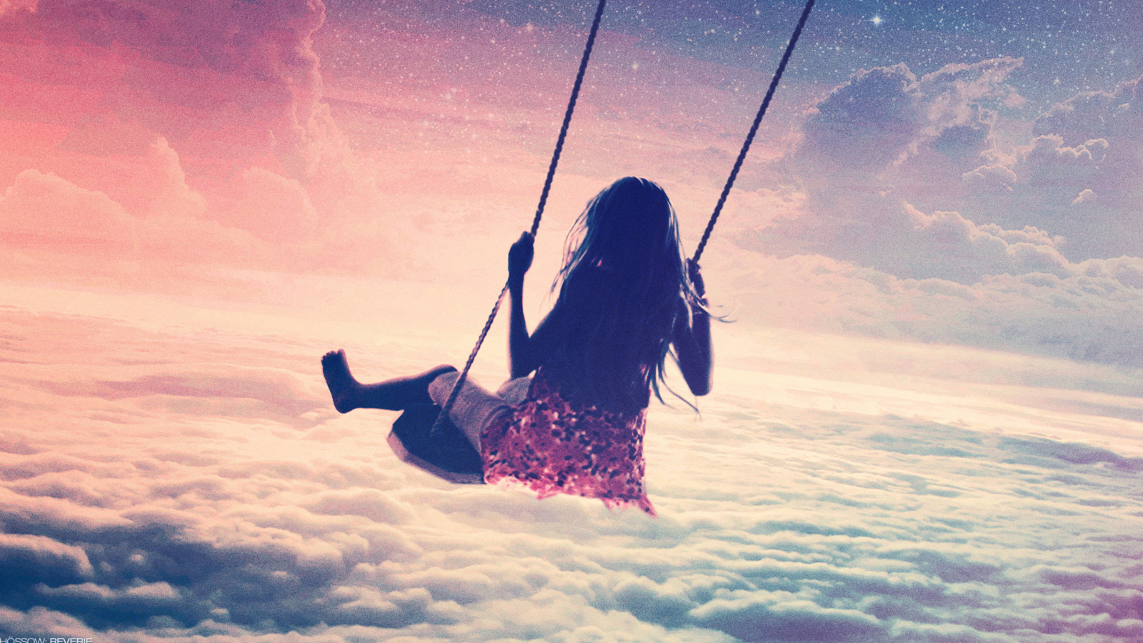 Fondo de pantalla Girl On Swing Above Cloudy Sky 1600x900