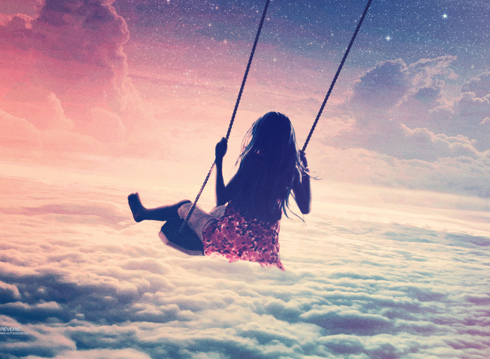 Обои Girl On Swing Above Cloudy Sky 1920x1408