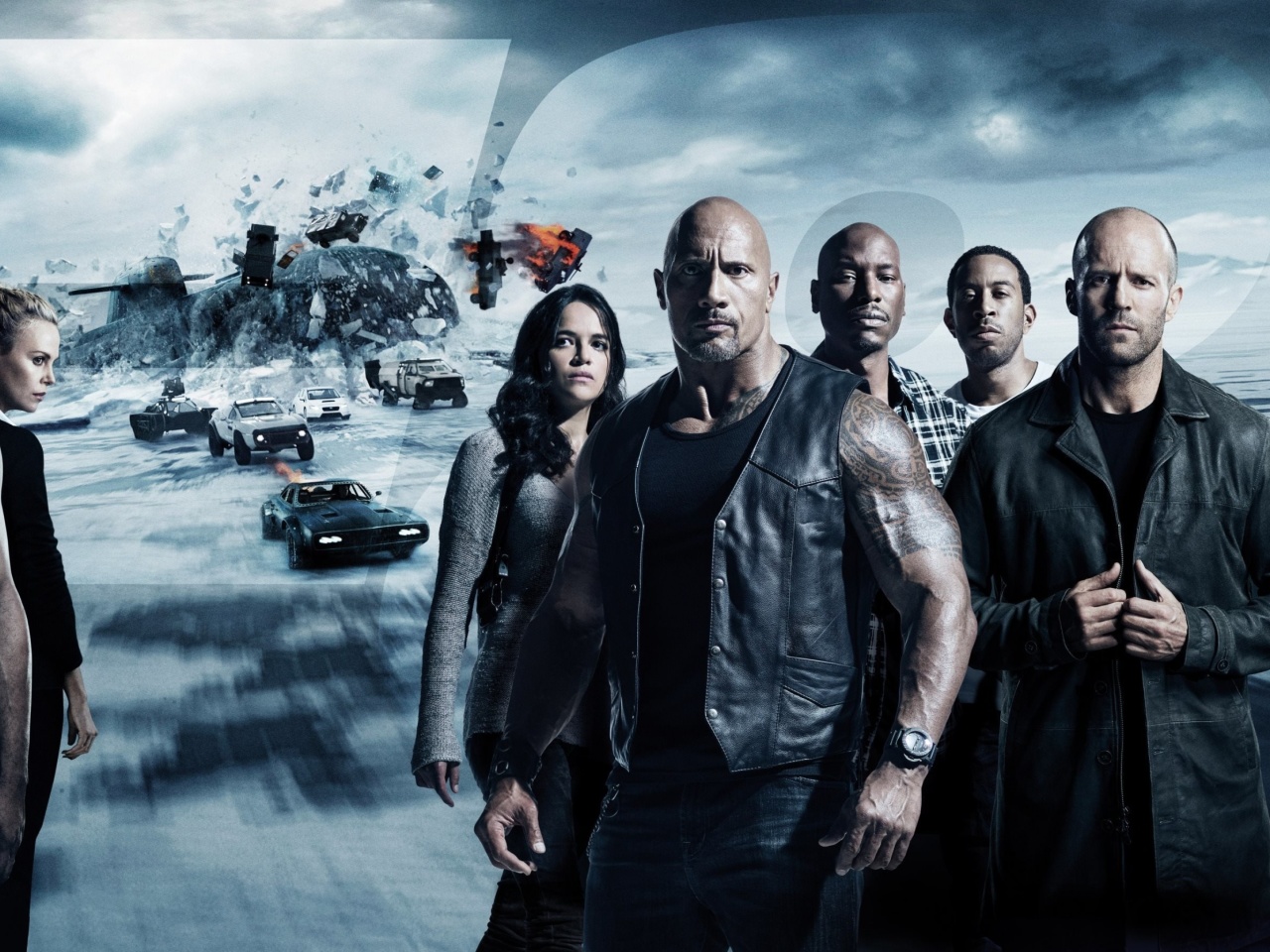 Обои The Fate of the Furious with Vin Diesel, Dwayne Johnson, Charlize Theron 1280x960