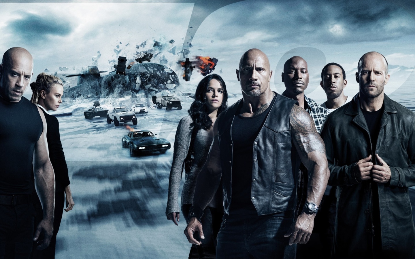Обои The Fate of the Furious with Vin Diesel, Dwayne Johnson, Charlize Theron 1440x900