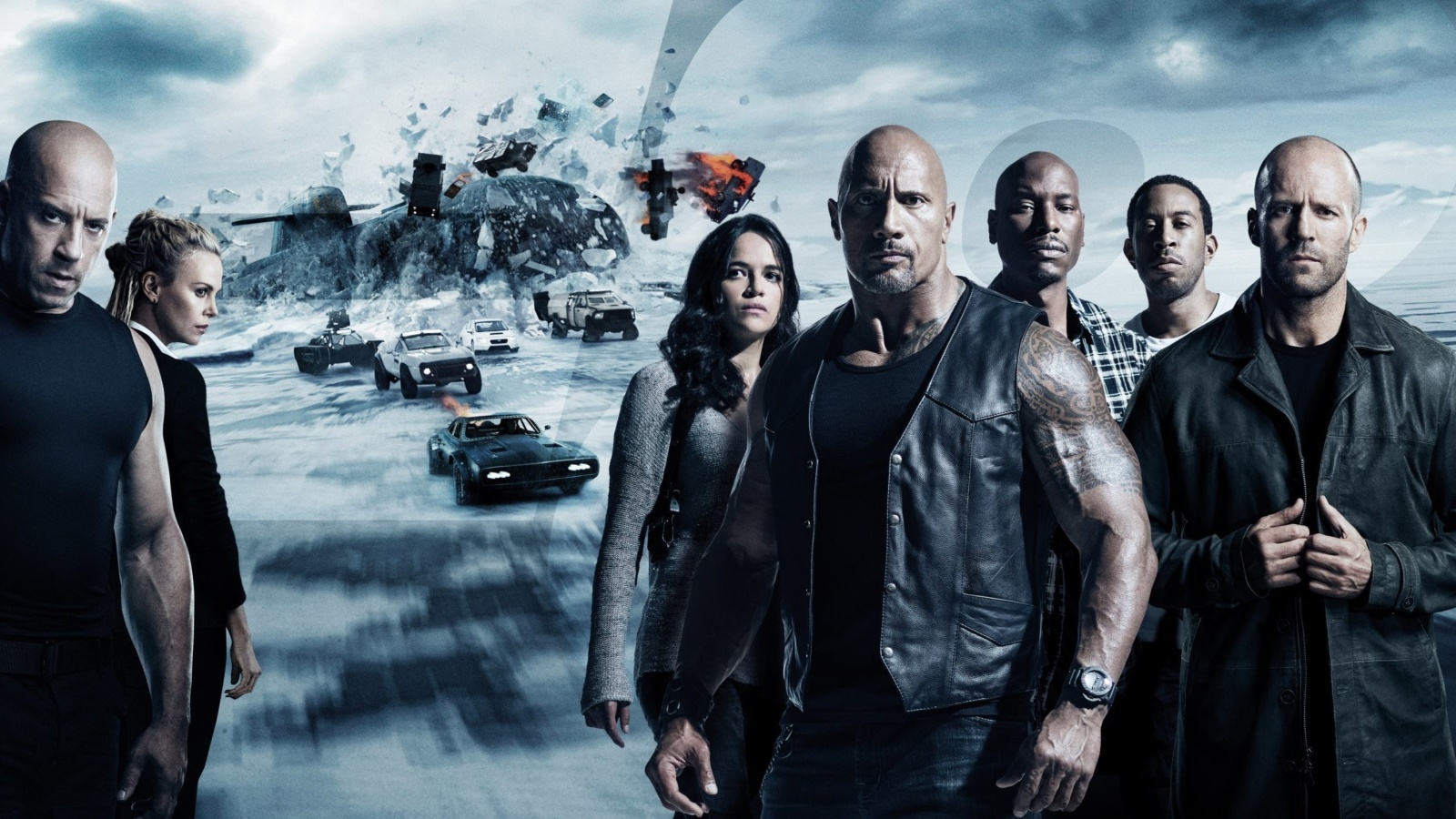 Обои The Fate of the Furious with Vin Diesel, Dwayne Johnson, Charlize Theron 1600x900
