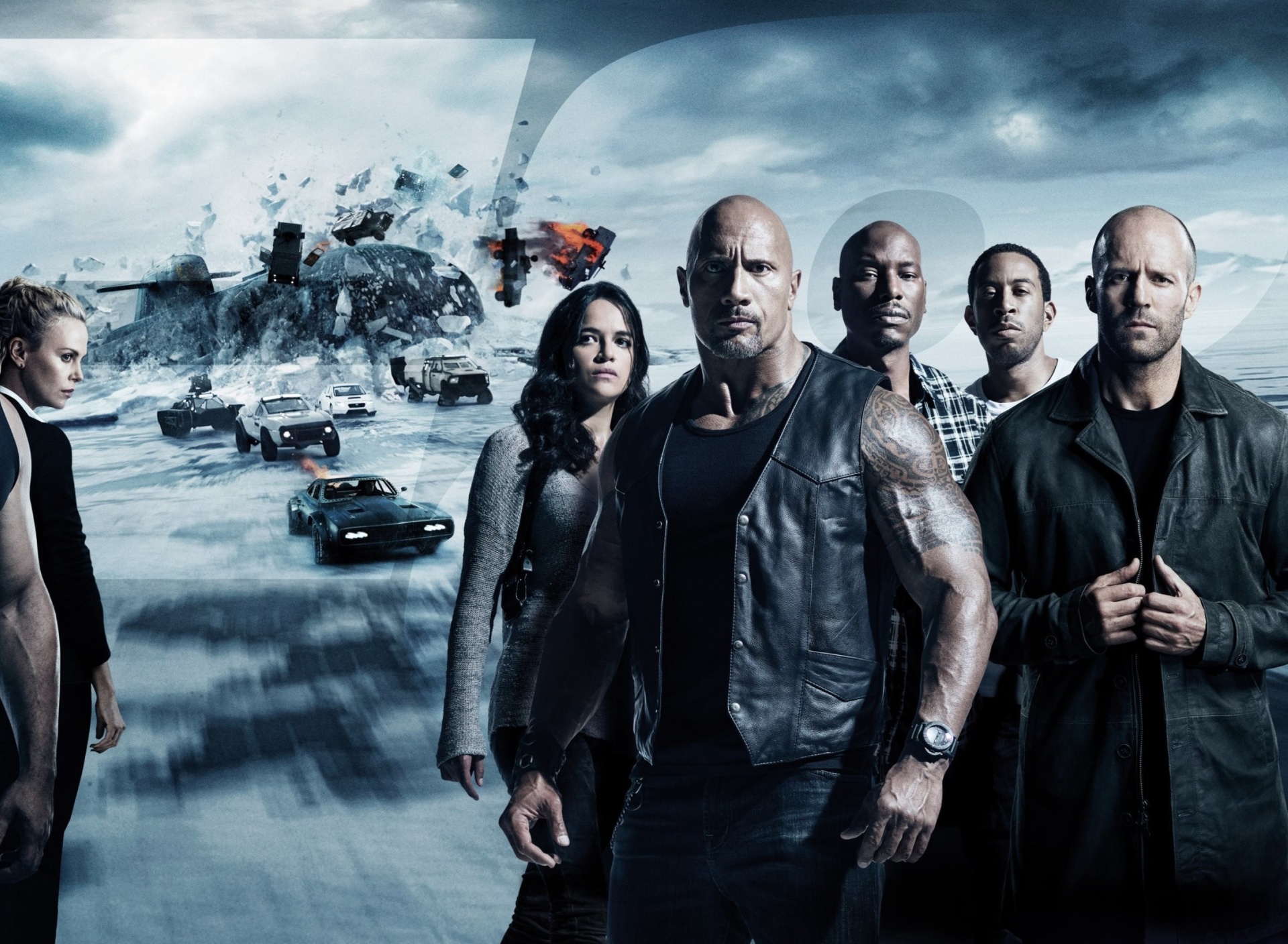 Обои The Fate of the Furious with Vin Diesel, Dwayne Johnson, Charlize Theron 1920x1408