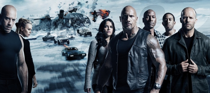 Обои The Fate of the Furious with Vin Diesel, Dwayne Johnson, Charlize Theron 720x320