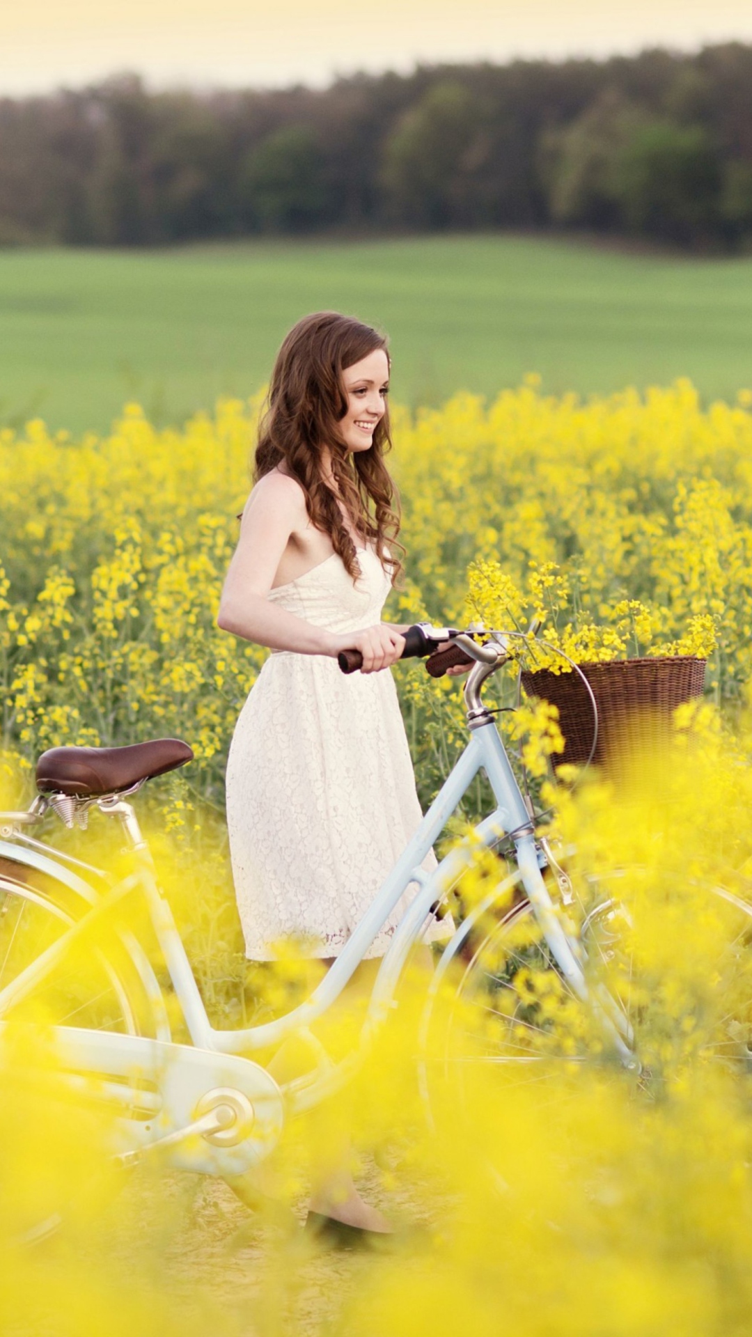 Обои Girl With Bicycle In Yellow Field 1080x1920