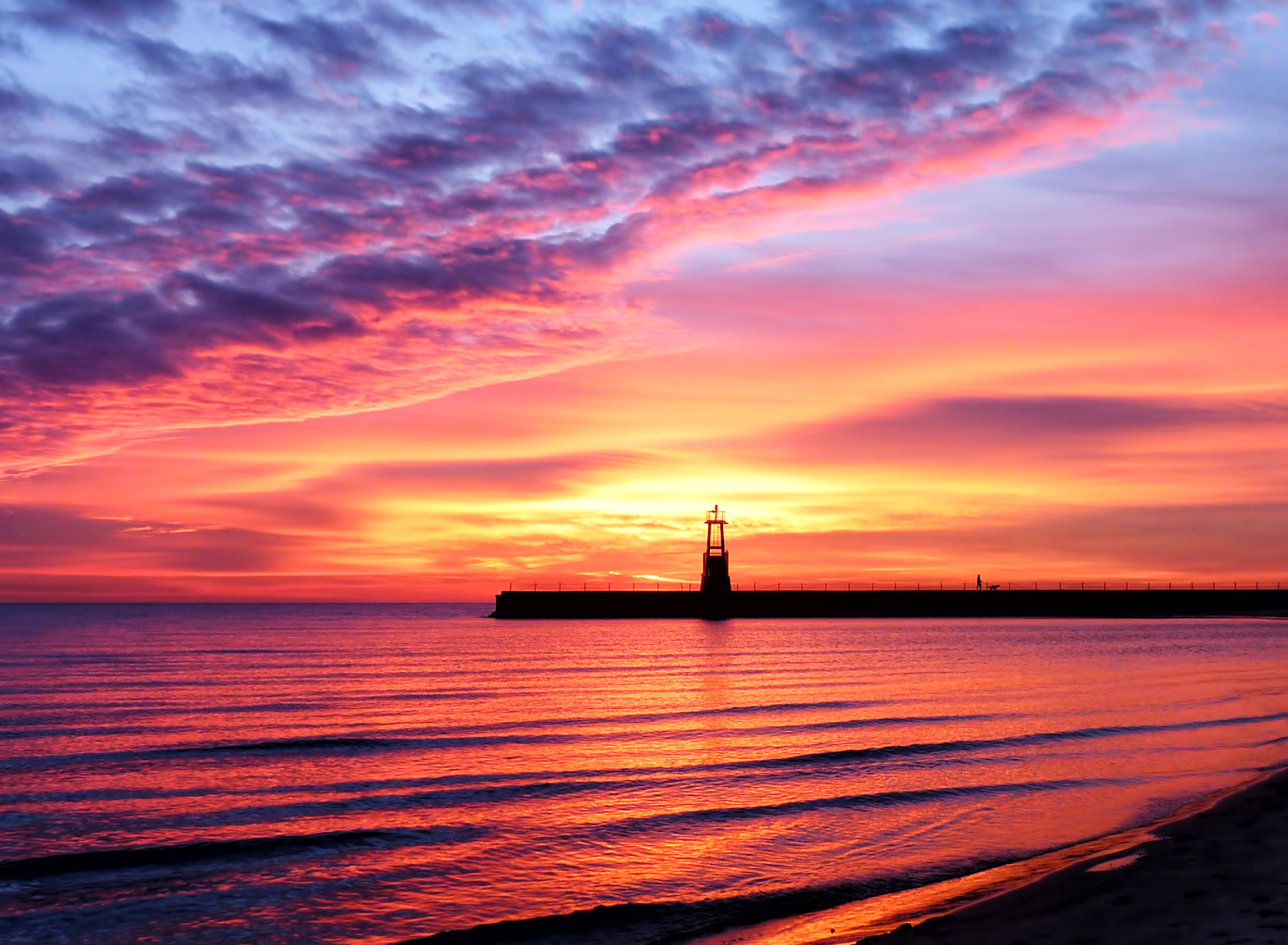Lighthouse And Red Sunset Beach wallpaper 1920x1408