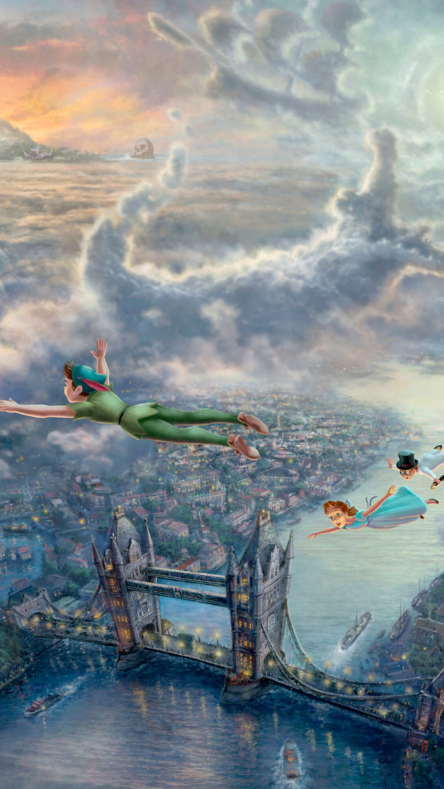 Fondo de pantalla Thomas Kinkade, Tinkerbell And Peter Pan 640x1136