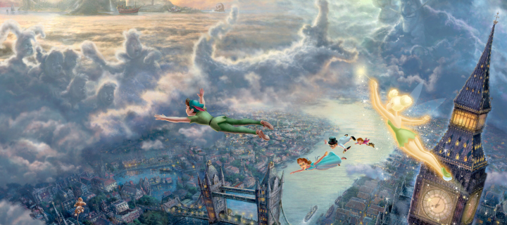 Das Thomas Kinkade, Tinkerbell And Peter Pan Wallpaper 720x320