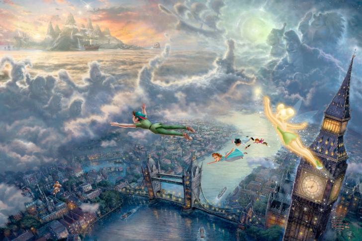 Das Thomas Kinkade, Tinkerbell And Peter Pan Wallpaper