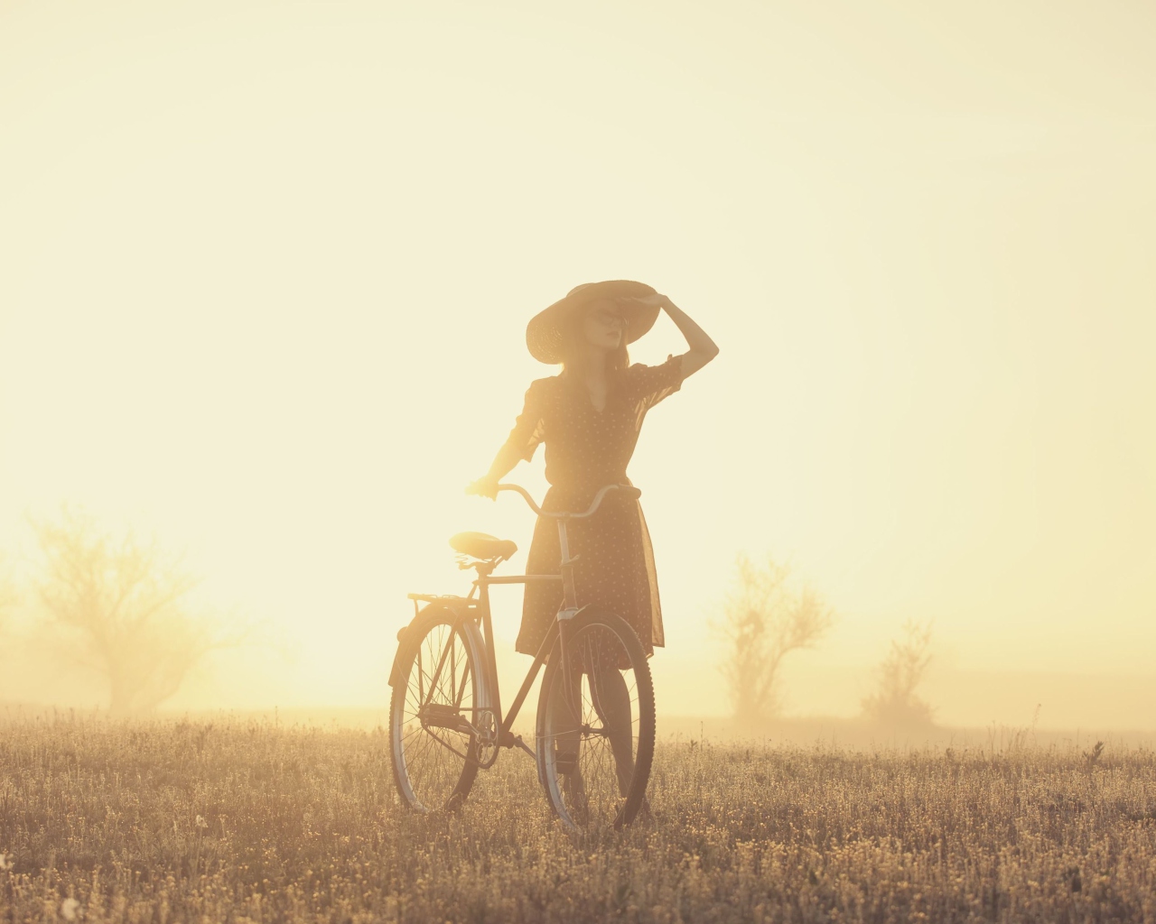 Fondo de pantalla Girl And Bicycle On Misty Day 1280x1024