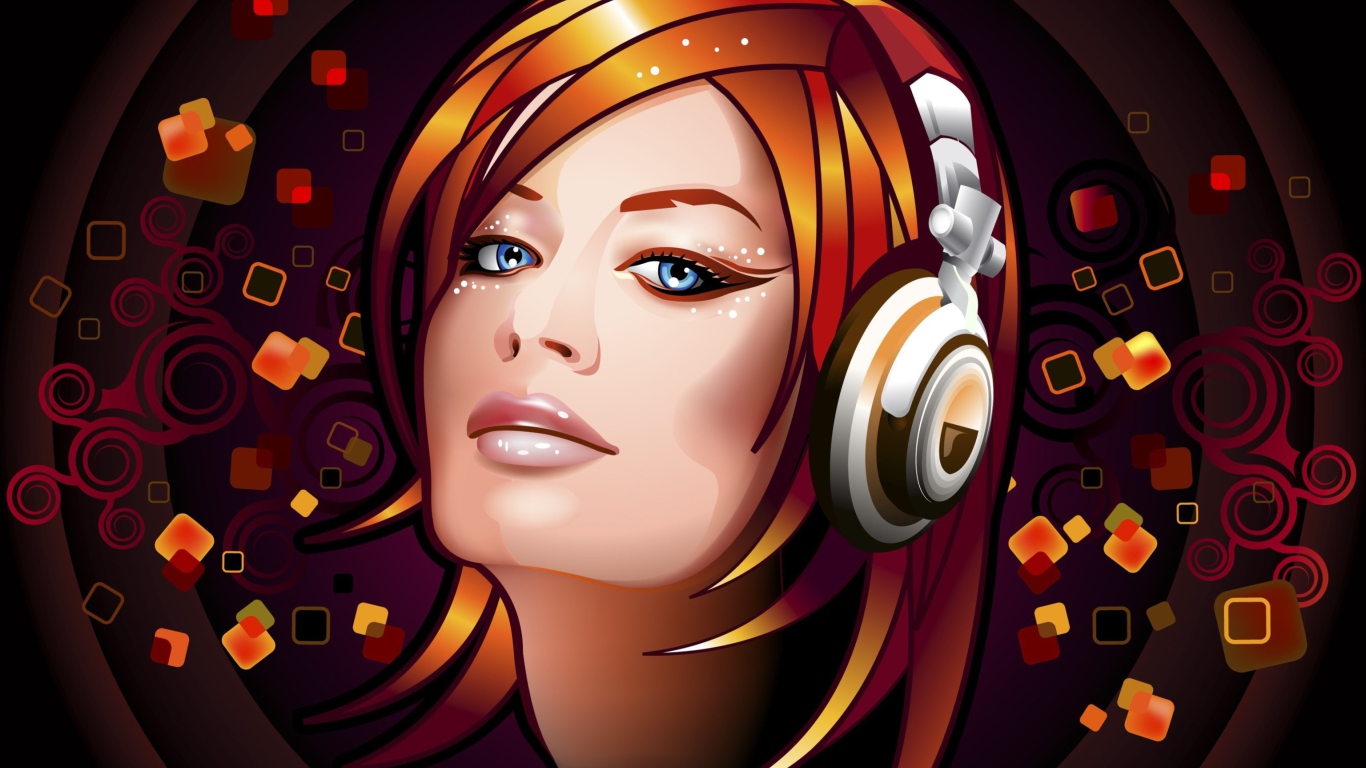 Обои Headphones Girl Illustration 1366x768