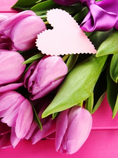 Sfondi Pink Tulips Bouquet And Paper Heart 240x320