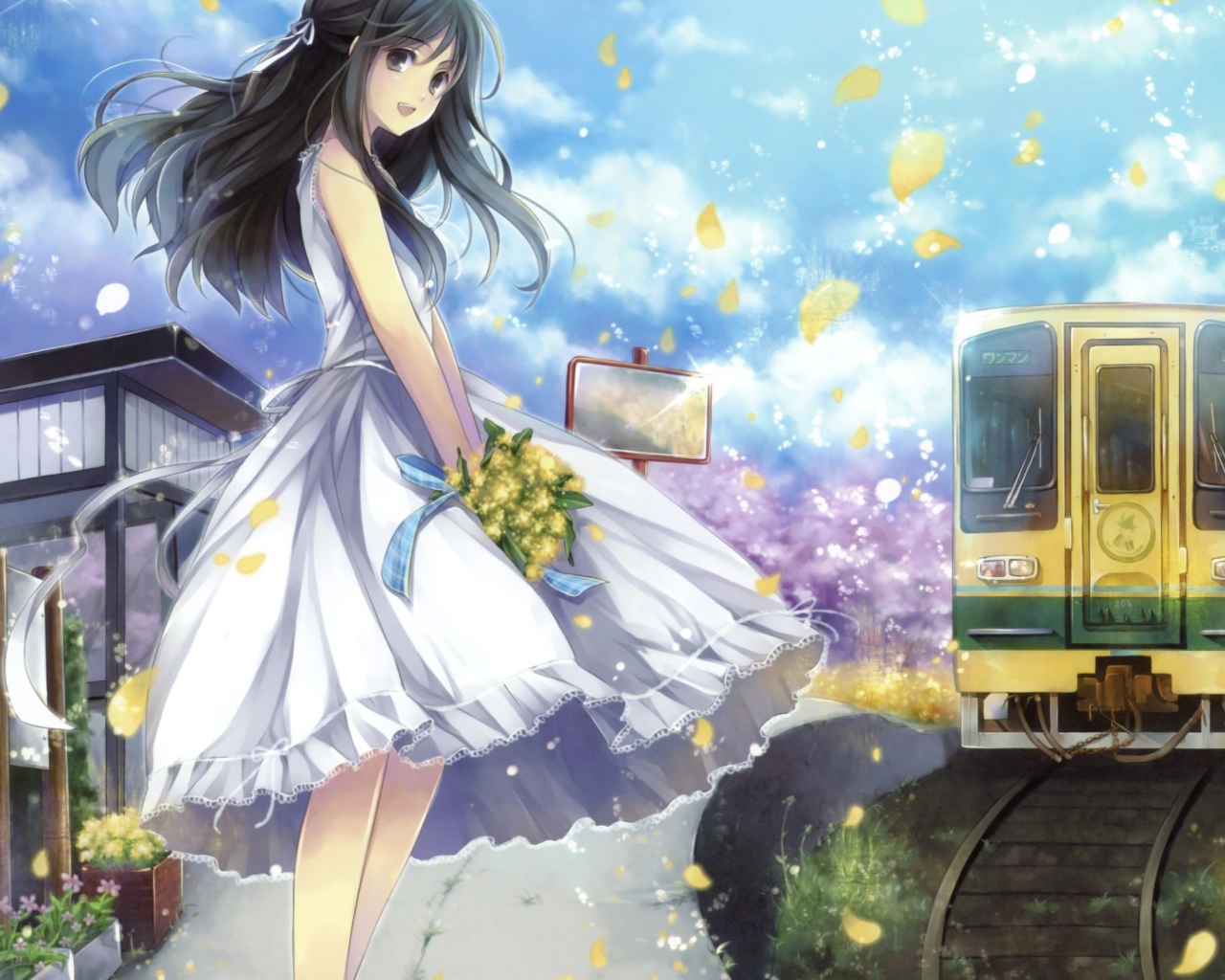 Screenshot №1 pro téma Girl In White Dress With Yellow Flowers Bouquet 1280x1024