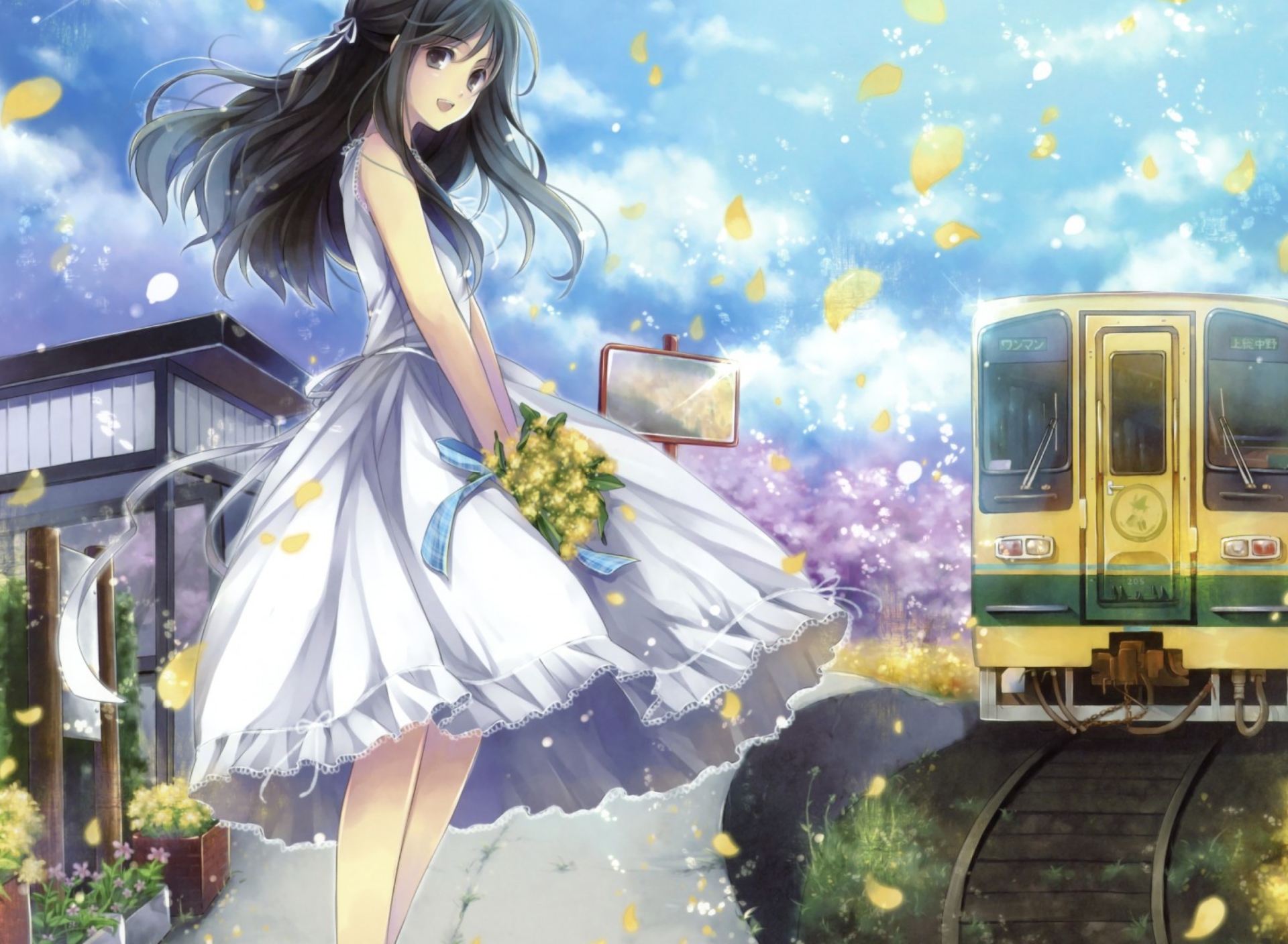 Screenshot №1 pro téma Girl In White Dress With Yellow Flowers Bouquet 1920x1408