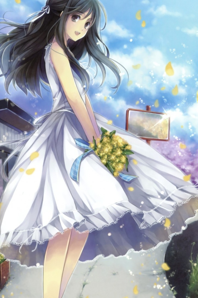 Das Girl In White Dress With Yellow Flowers Bouquet Wallpaper 640x960