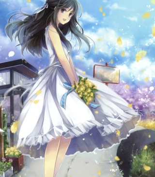 Girl In White Dress With Yellow Flowers Bouquet - Obrázkek zdarma pro Nokia C2-00