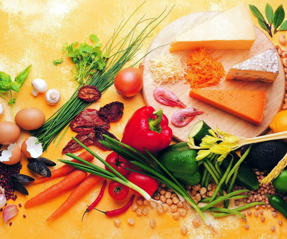 Das Still life of vegetables, cheese and eggs Wallpaper 960x800
