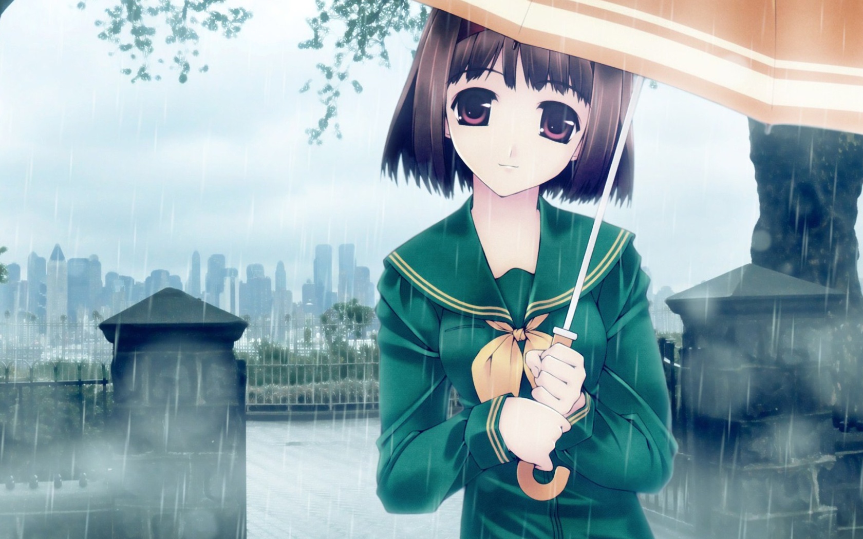 Anime girl in rain wallpaper 1680x1050