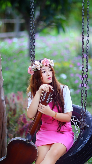 Обои Pretty Asian Girl In Pink Dress And Flower Wreath 360x640