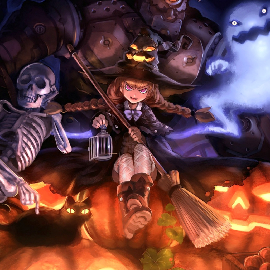 Ghost, skeleton and witch on Halloween wallpaper 1024x1024