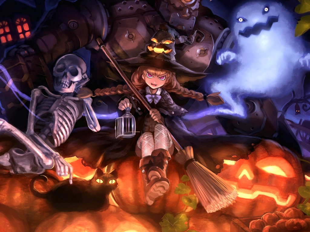Ghost, skeleton and witch on Halloween wallpaper 1024x768