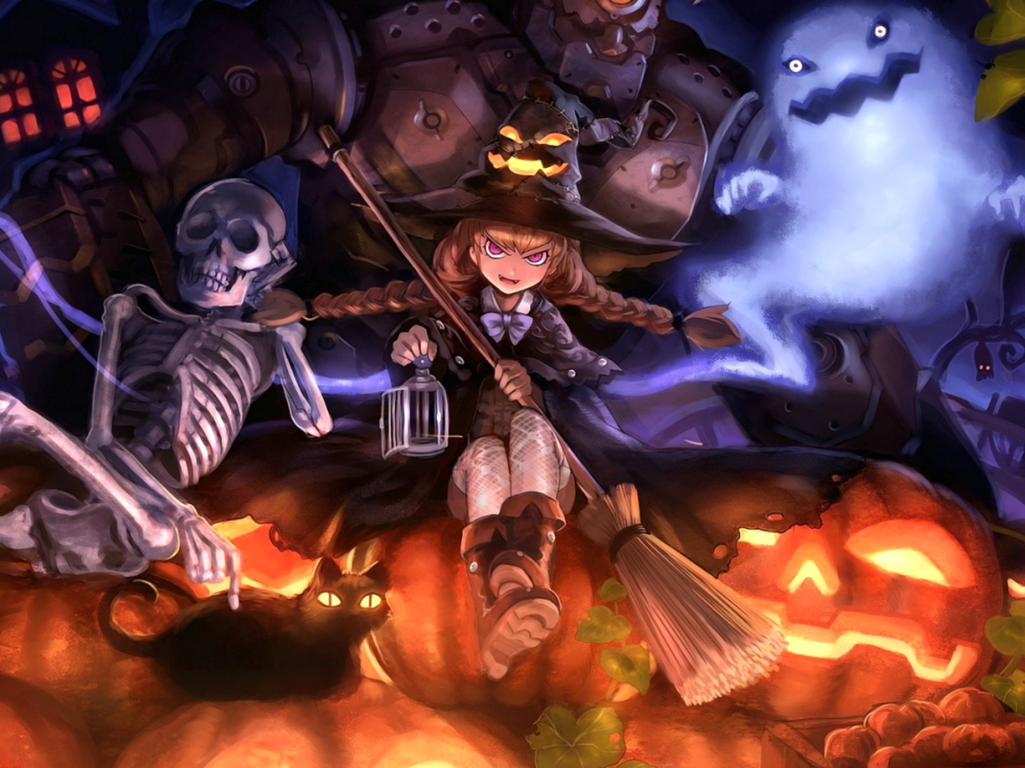 Ghost, skeleton and witch on Halloween screenshot #1 1152x864