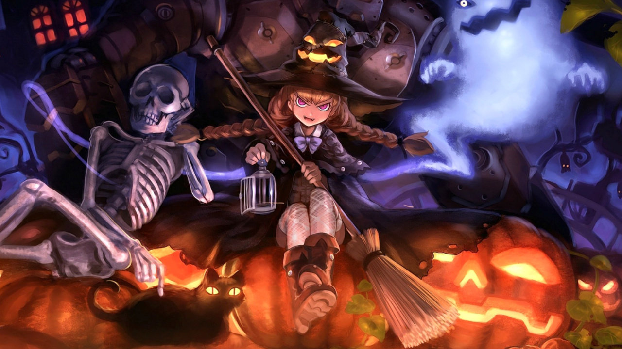 Ghost, skeleton and witch on Halloween wallpaper 1280x720