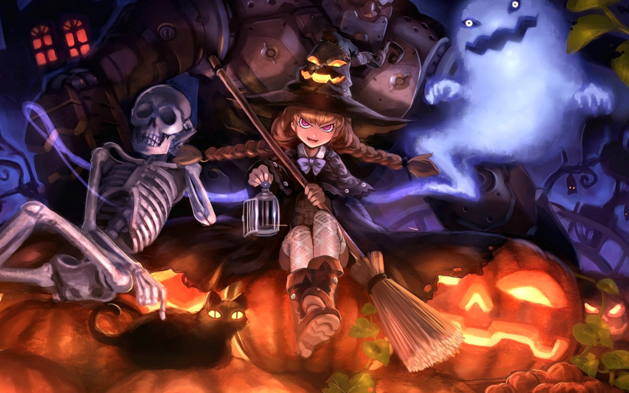 Fondo de pantalla Ghost, skeleton and witch on Halloween 1280x800