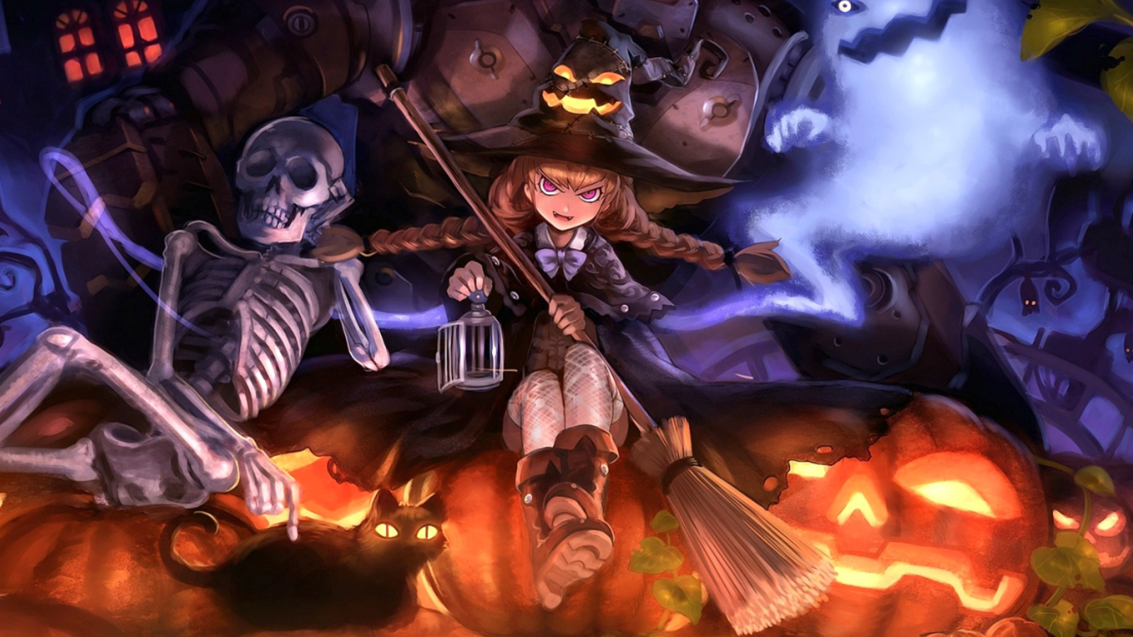 Fondo de pantalla Ghost, skeleton and witch on Halloween 1600x900
