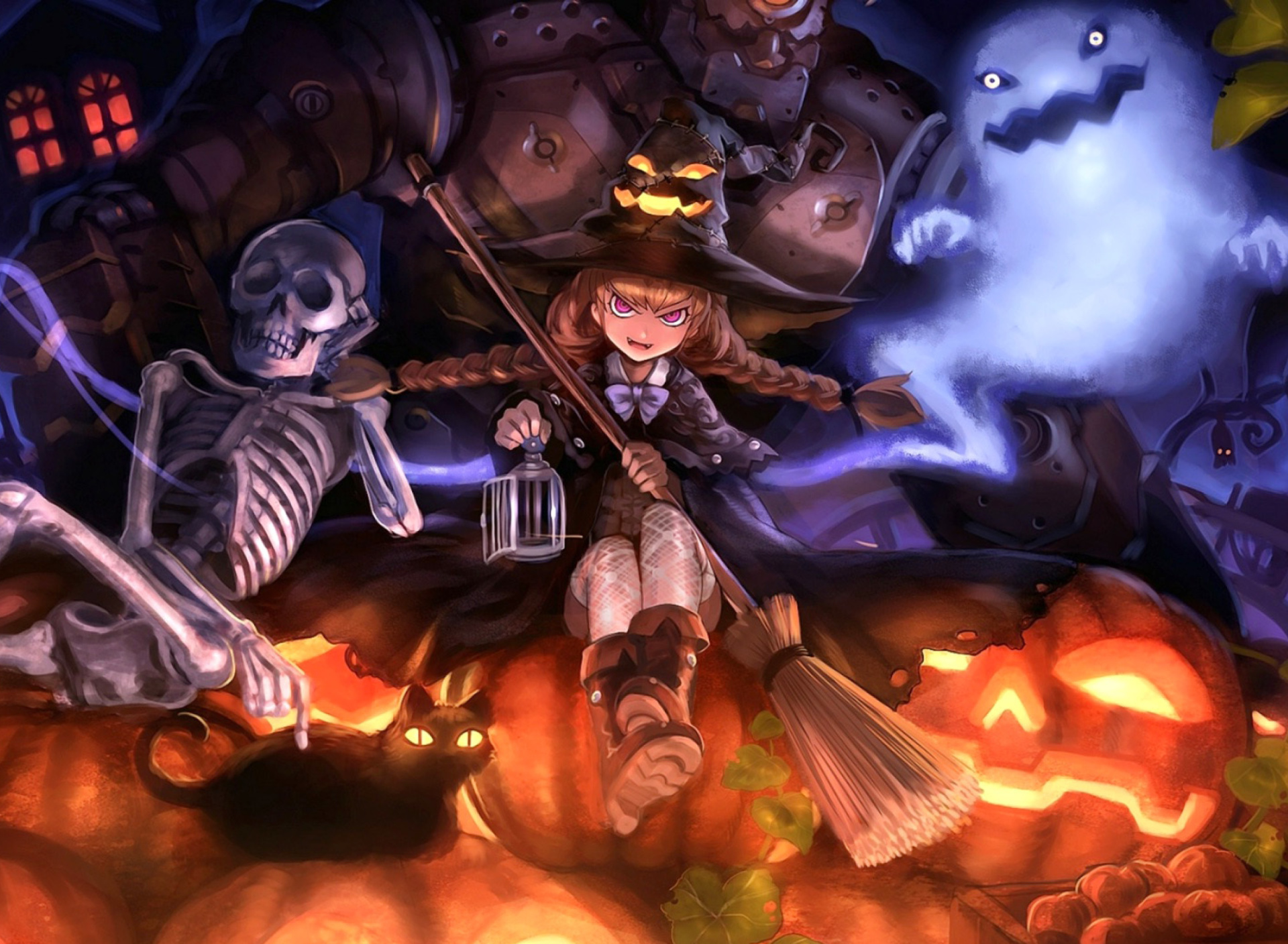 Обои Ghost, skeleton and witch on Halloween 1920x1408