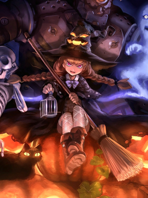 Ghost, skeleton and witch on Halloween wallpaper 480x640