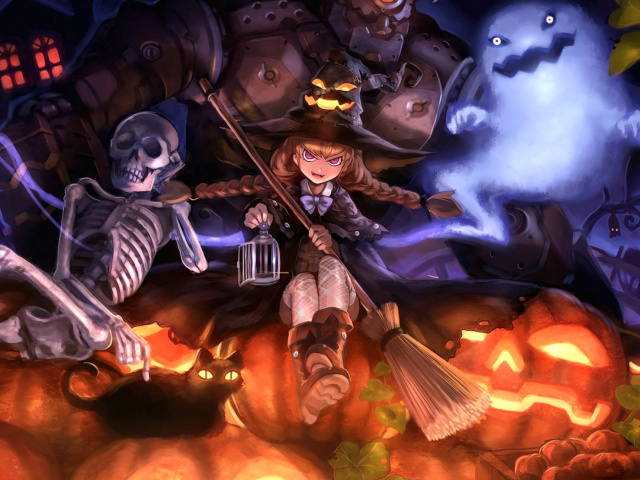 Ghost, skeleton and witch on Halloween wallpaper 640x480