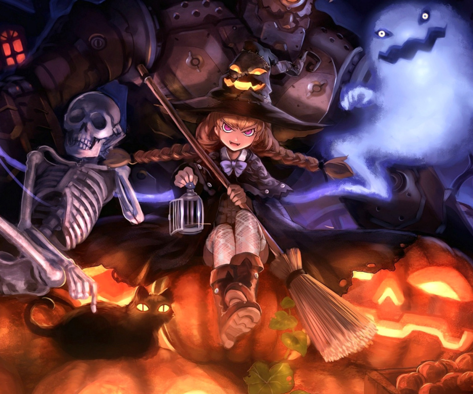 Ghost, skeleton and witch on Halloween wallpaper 960x800