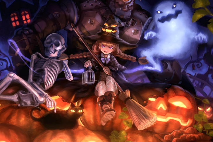 Ghost, skeleton and witch on Halloween wallpaper