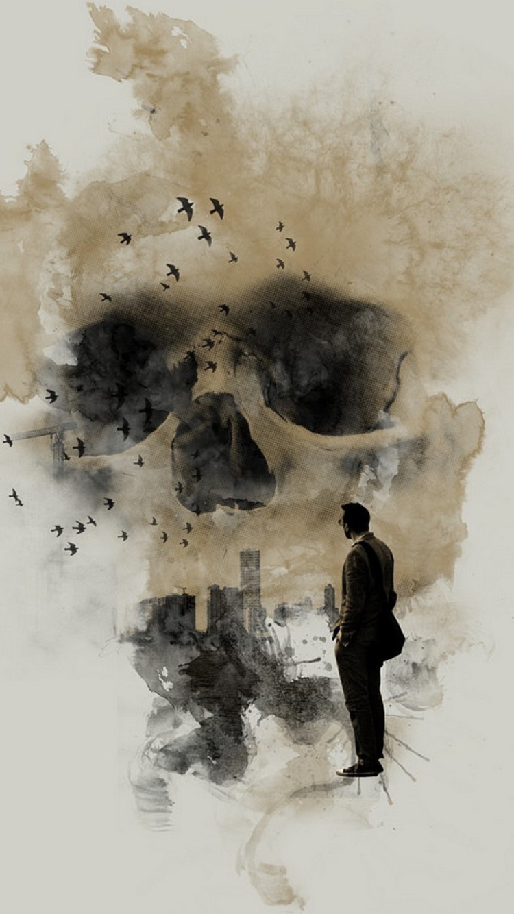 Fondo de pantalla Man Looking At Skull City 750x1334