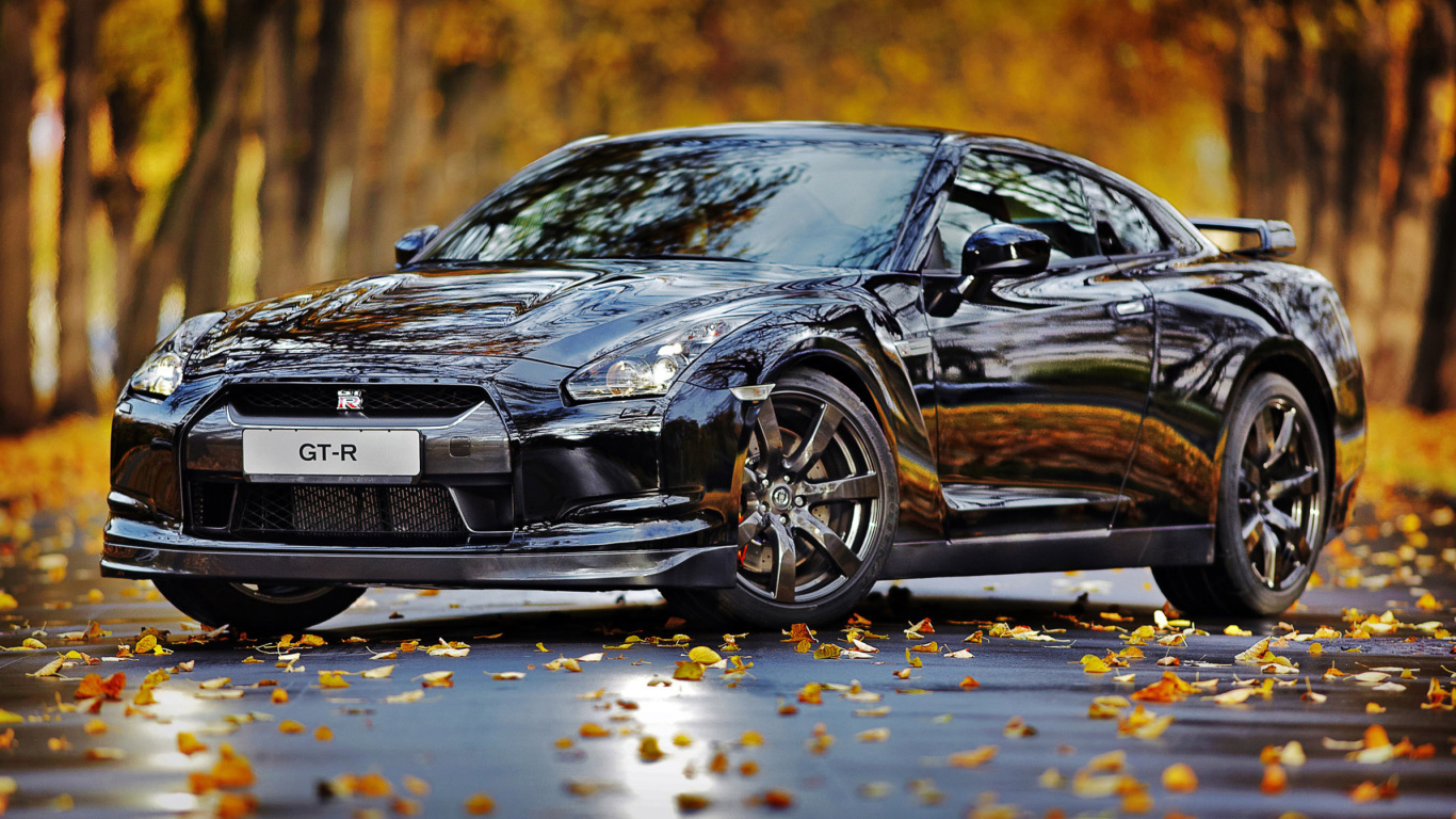 Nissan GT R in Autumn Forest wallpaper 1366x768