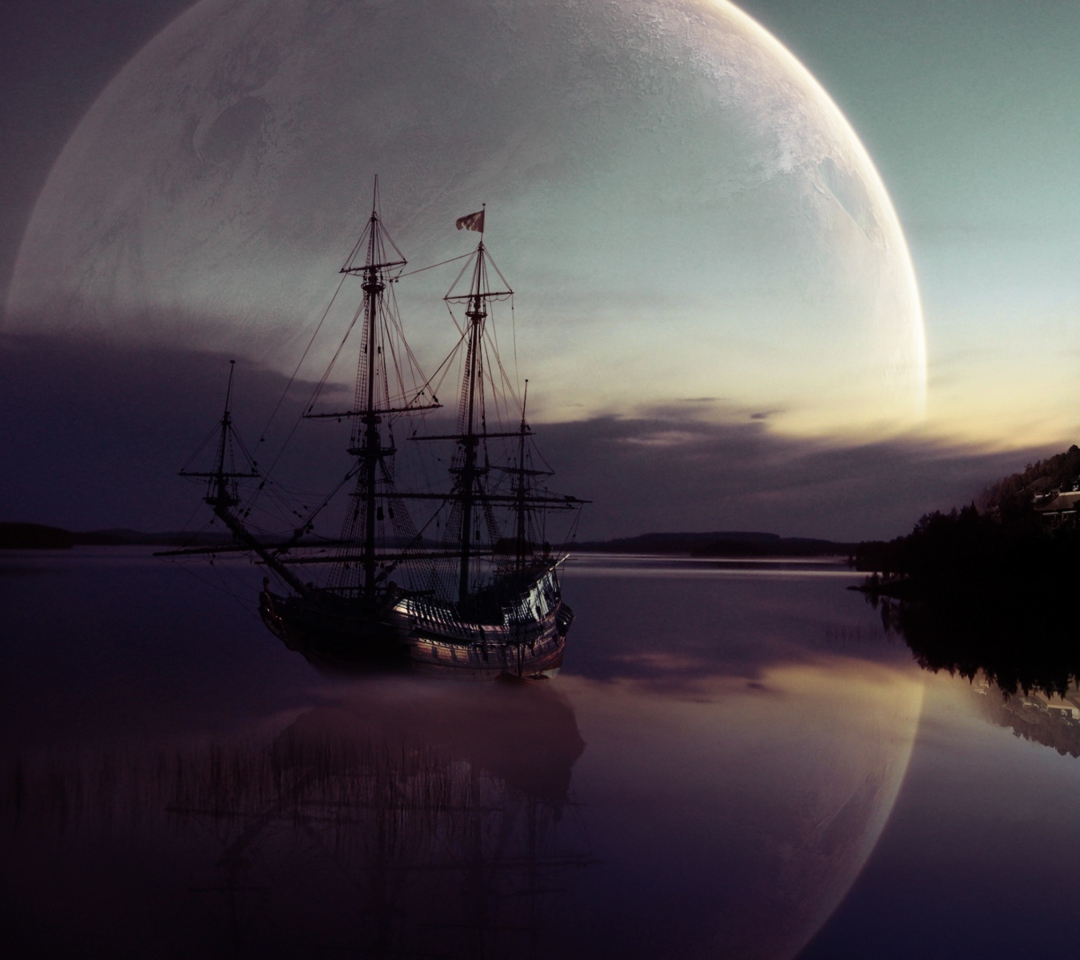 Screenshot №1 pro téma Fantasy Ship Moon Reflection 1080x960