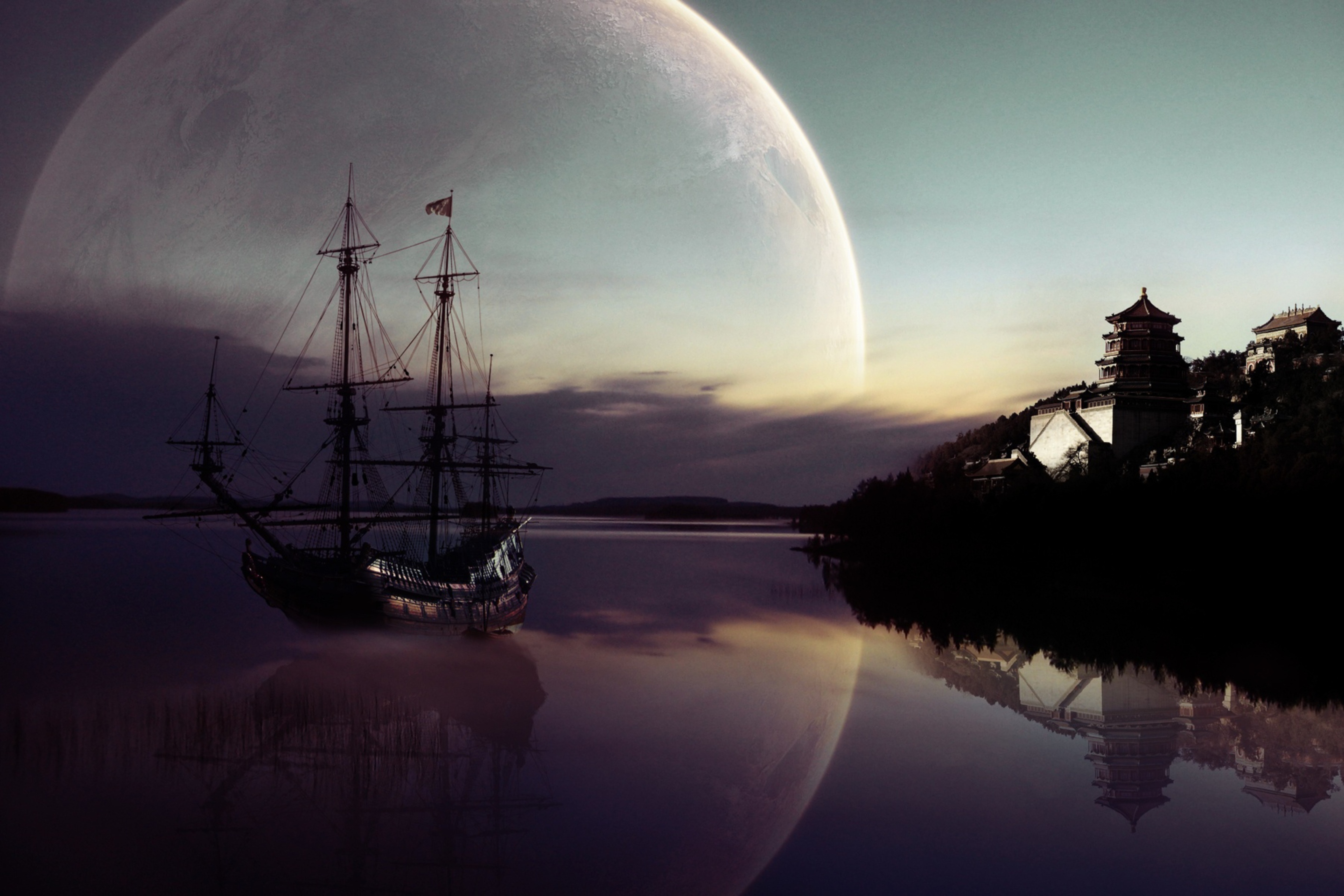 Fantasy Ship Moon Reflection wallpaper 2880x1920
