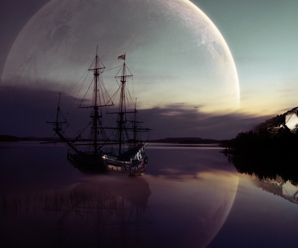 Screenshot №1 pro téma Fantasy Ship Moon Reflection 960x800