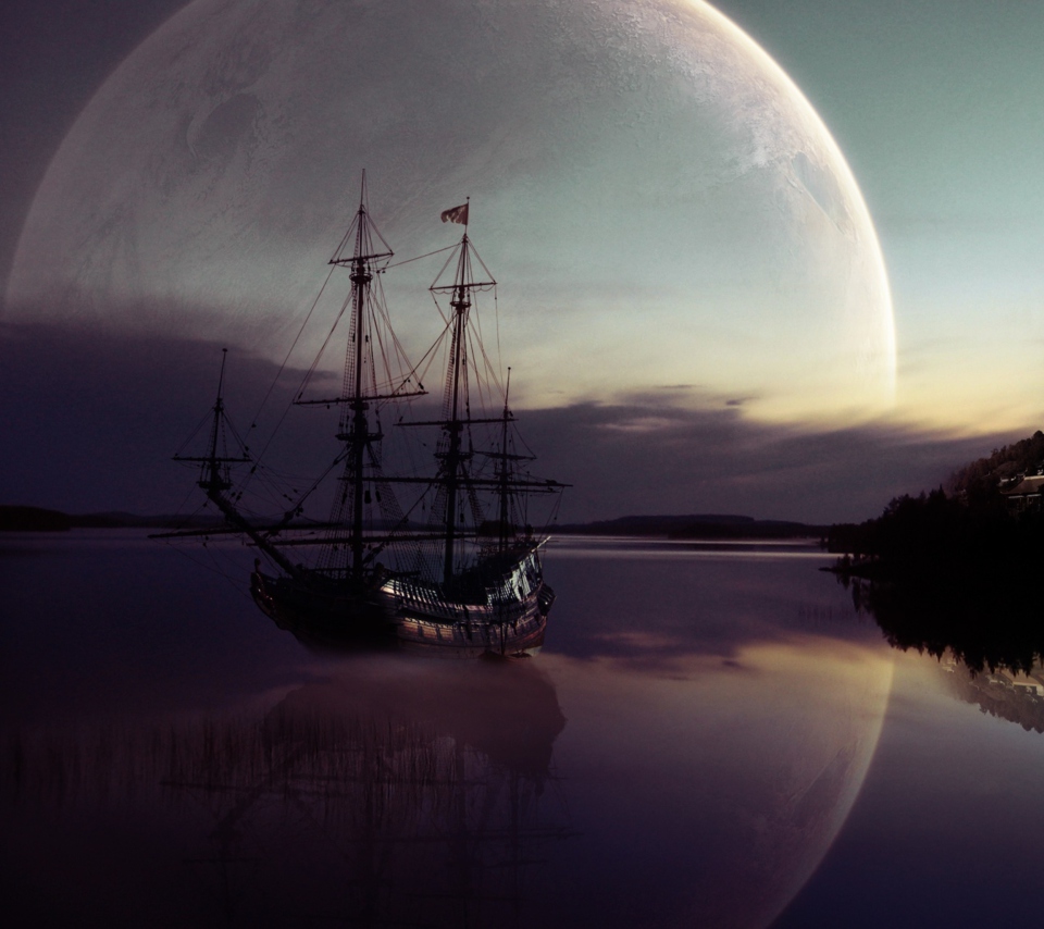 Das Fantasy Ship Moon Reflection Wallpaper 960x854