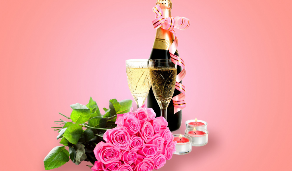 Clipart Roses Bouquet and Champagne wallpaper 1024x600