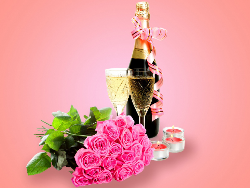 Das Clipart Roses Bouquet and Champagne Wallpaper 1024x768