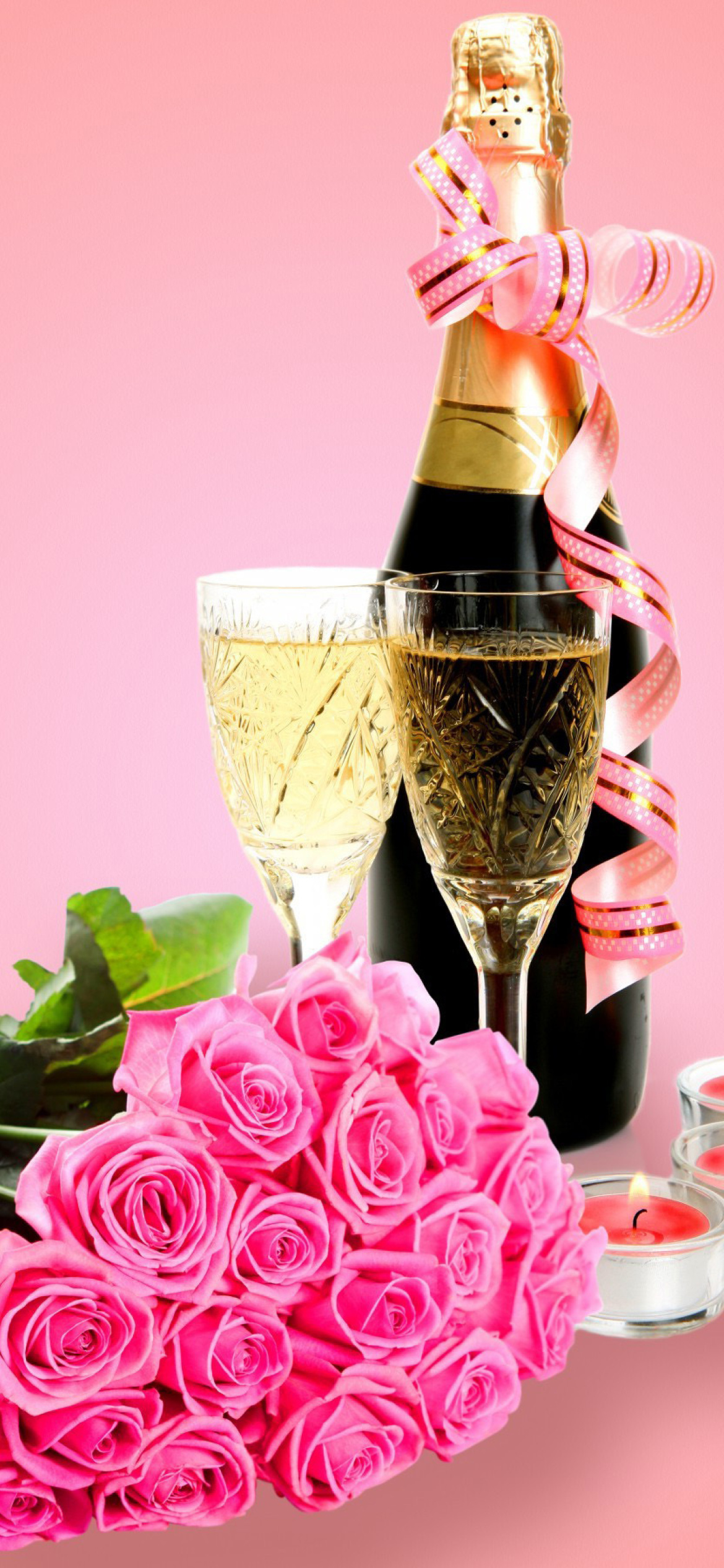 Sfondi Clipart Roses Bouquet and Champagne 1170x2532