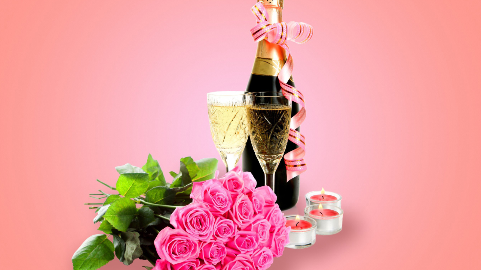 Fondo de pantalla Clipart Roses Bouquet and Champagne 1600x900